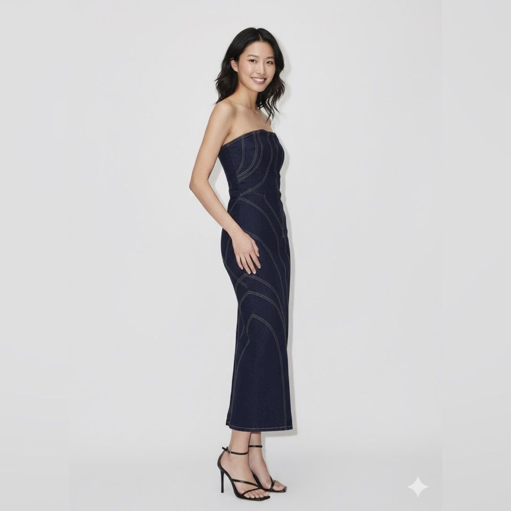 Zara Denim Midi Dress Topstitch Sleeveless XS